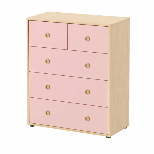 commode-5-tiroirs-de-rangement-enfant-moderne-rose-et-chene-makkoj2045rv